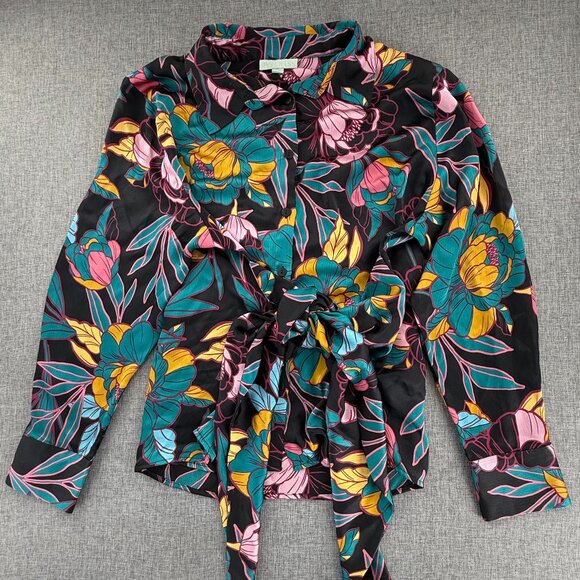 ryegrass Tops - Ryegrass Tie Knot Button Top Plus 2x Blouse Floral Collared Long Sleeve